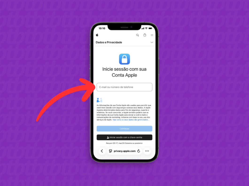 Tela do portal de Dados e Privacidade da Apple no iPhone, com opção de iniciar sessão na Conta Apple