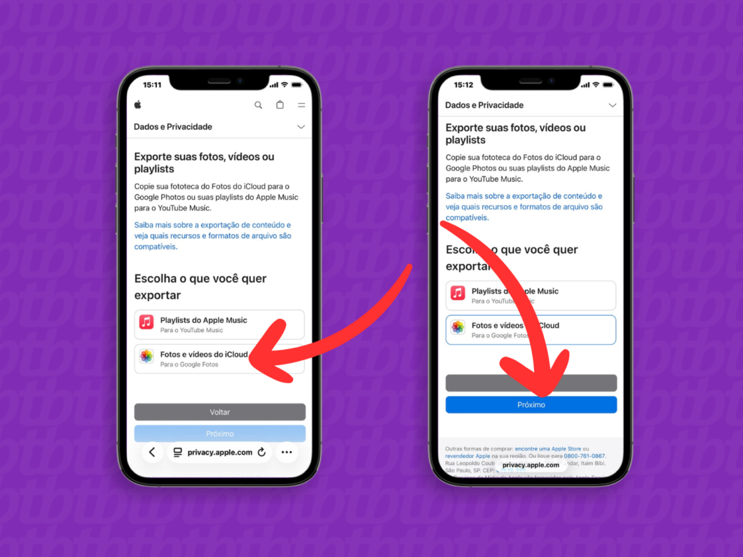 Selecionado a opção “Fotos e vídeos do iCloud” para exportar para o Google Fotos