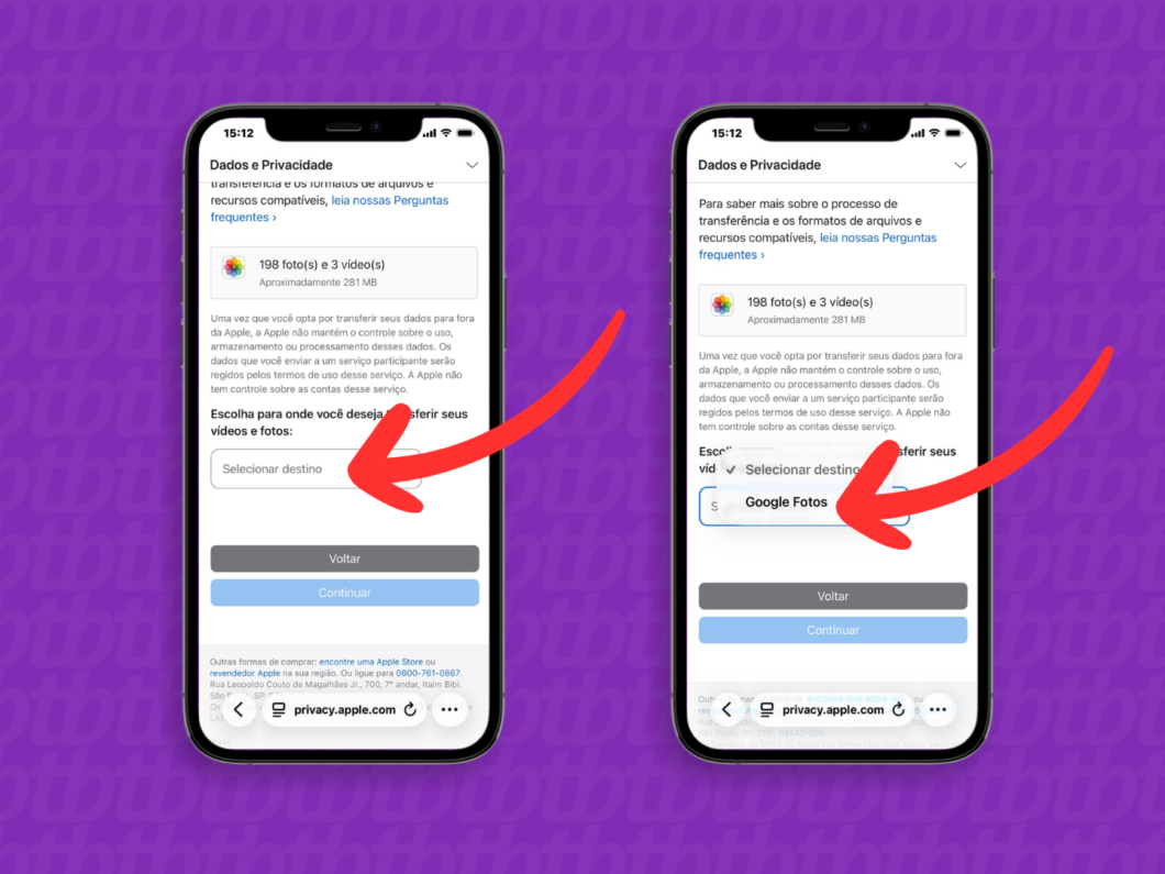 Mostrando a opção Google Fotos como destino na transferência de cópia de dados do iCloud