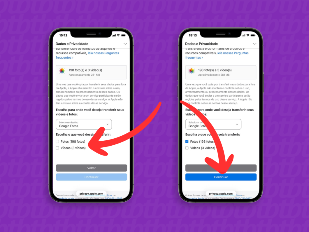 Marcando formatos de mídia para transferir do iCloud para o Google Fotos (Fotos e vídeos do iCloud)