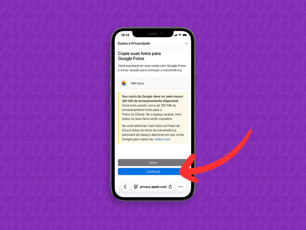 Tela do portal de privacidade da Apple mostrando a exportação para Google Fotos e a opção “Continuar”