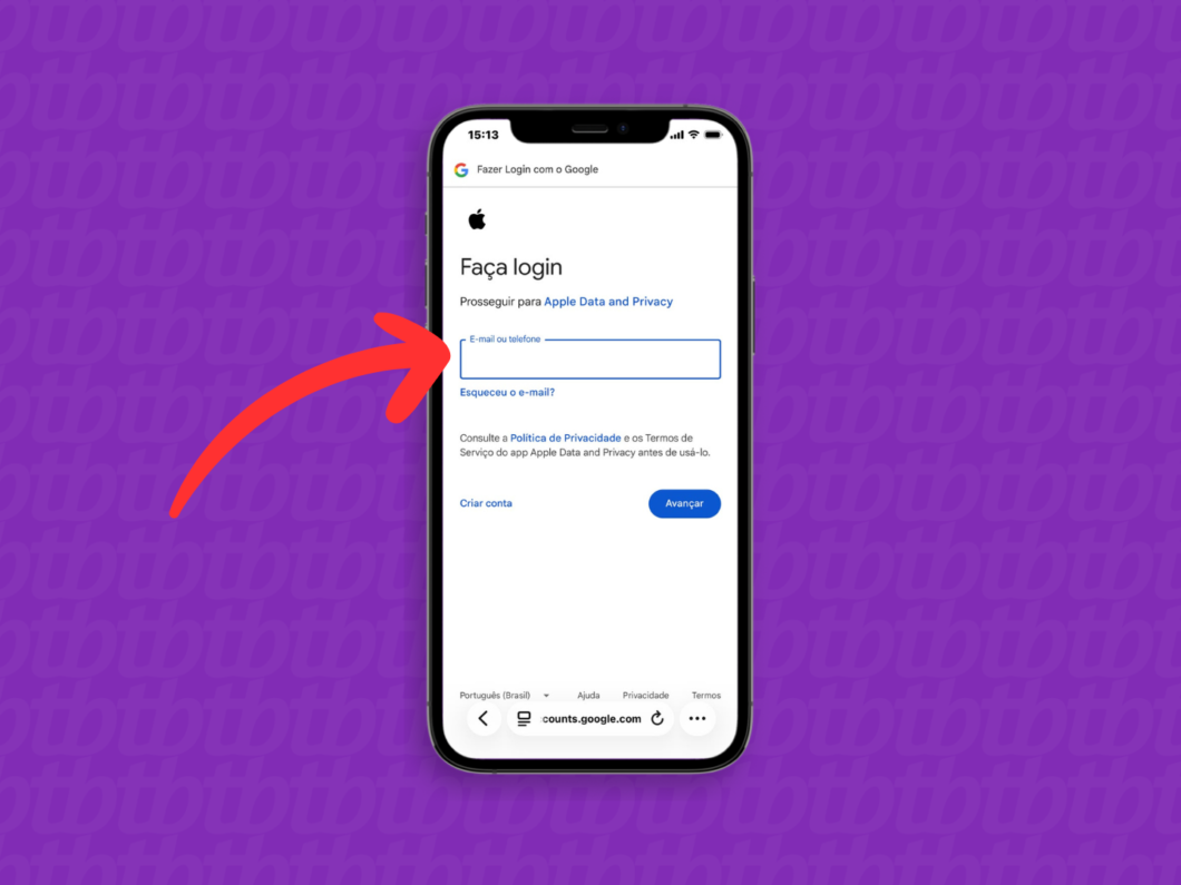 Fazendo login na conta Google que receberá a transferência iCloud para o Google Fotos
