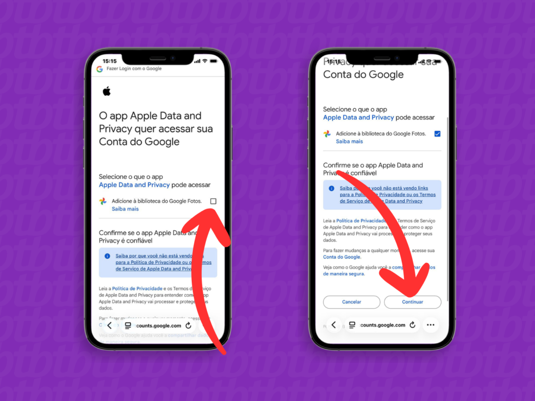 Telas do login no Google para autorizar a integração do Apple Data and Privacy com o Google Fotos