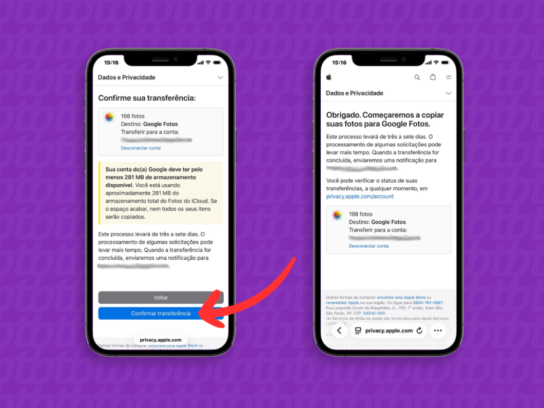 Tela do portal de privacidade da Apple confirmando a transferência de fotos do iCloud para o Google Fotos (198 fotos)