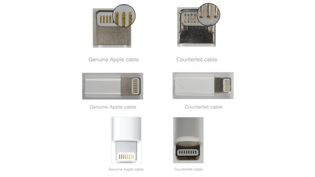 Comparação de plugues Lightning: cabo Apple original à esquerda e cabo falsificado à direita, com cortes ampliados dos contatos