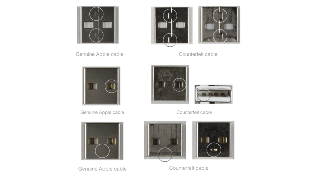 Diferenças entre plugues USB-A originais e falsificados: travas e contatos metálicos comparados