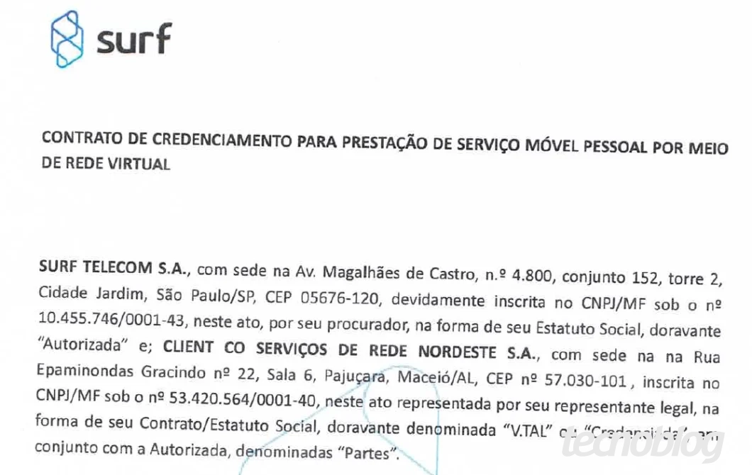 Captura de tela do contrato entre Surf Telecom e Nio