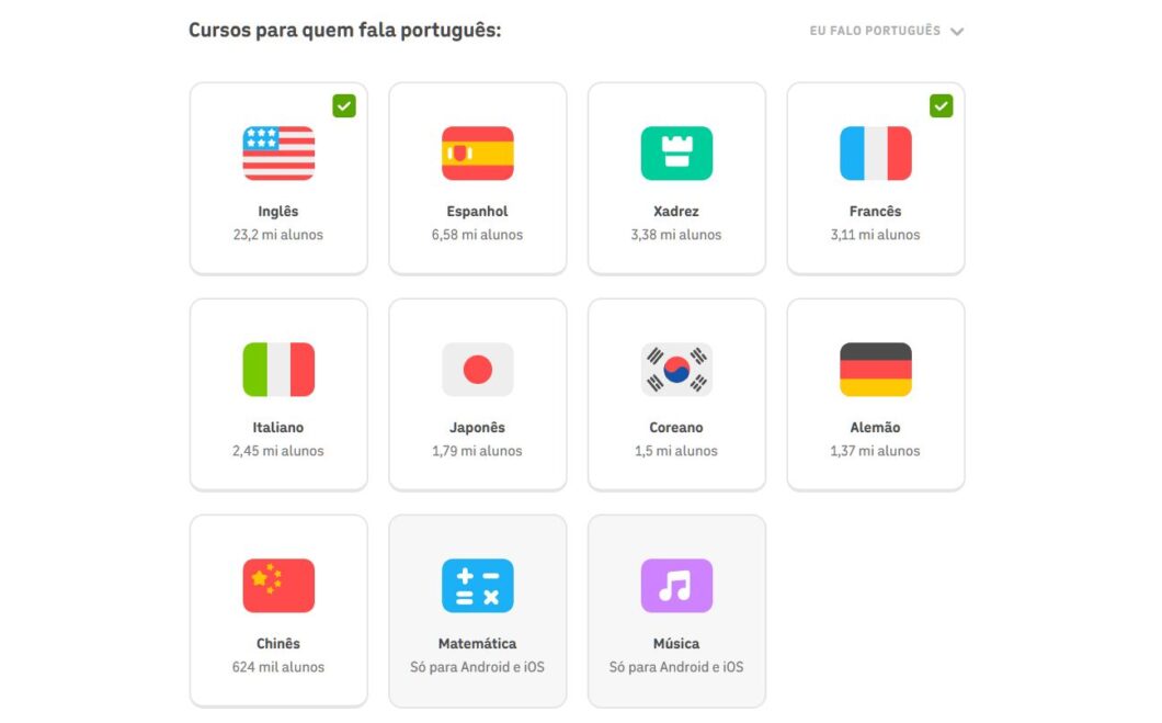 Cursos do Duolingo para quem fala português