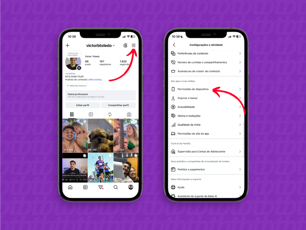 Tela do Instagram no Android mostrando Configurações de atividade > Permissões do dispositivo, com seta destacando “Permissões do dispositivo”