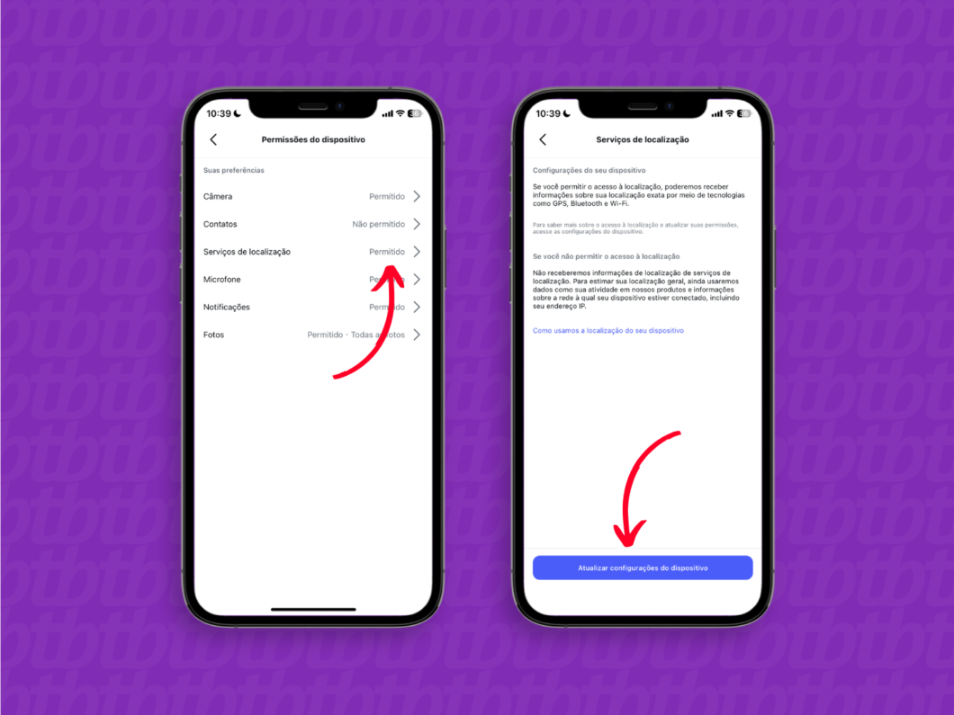Tela de permissões do dispositivo no Android e serviços de localização no iPhone, com seta para desativar o acesso à localização no Instagram