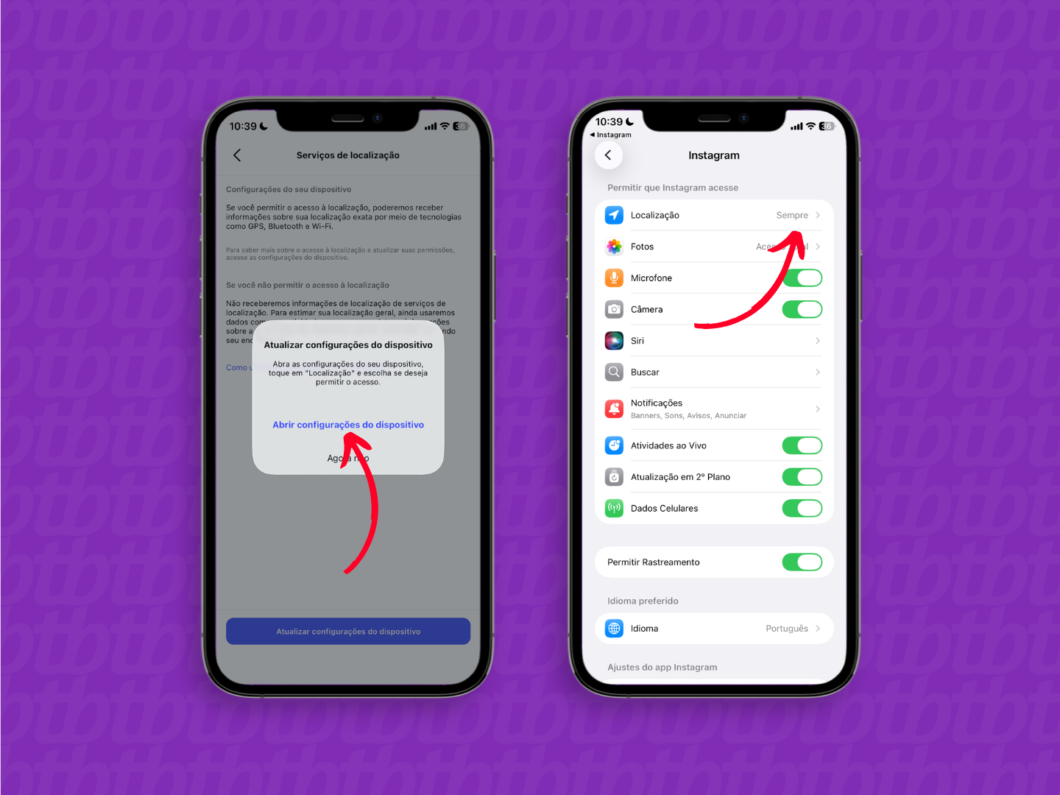 Tela de configurações do iPhone e do Android para desativar a localização no Instagram, com opção “Localização” selecionada