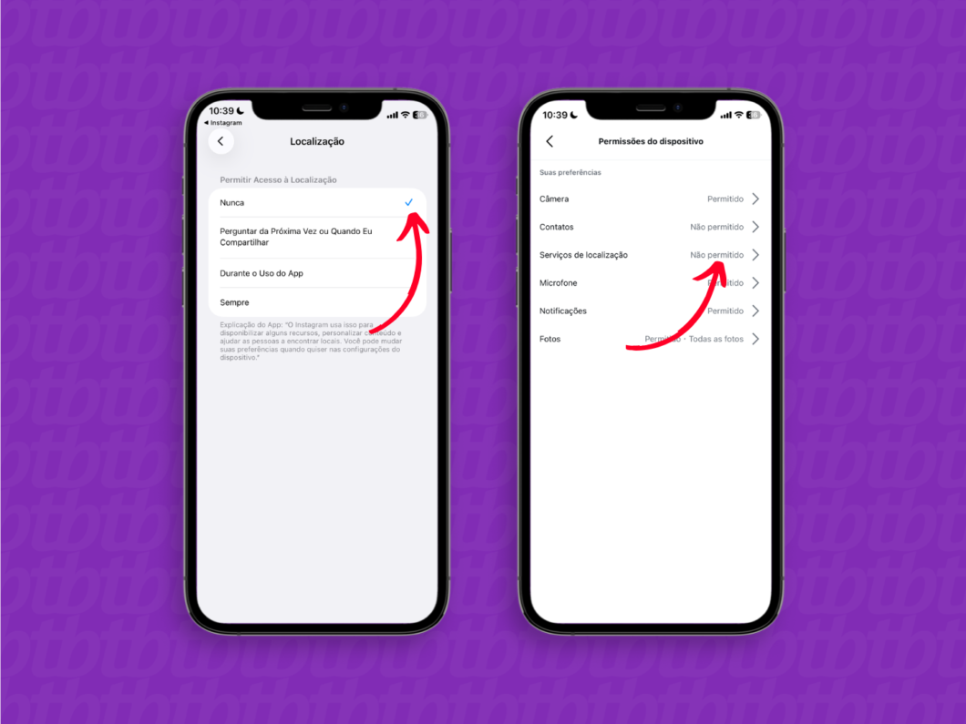 Telas do Android mostrando as permissões de localização no Instagram e onde tocar para desativar o acesso