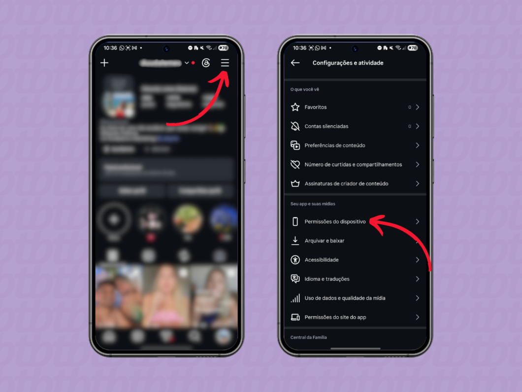 Tela do Instagram no Android mostrando “Permissões do dispositivo” nas configurações e o passo para desativar a localização