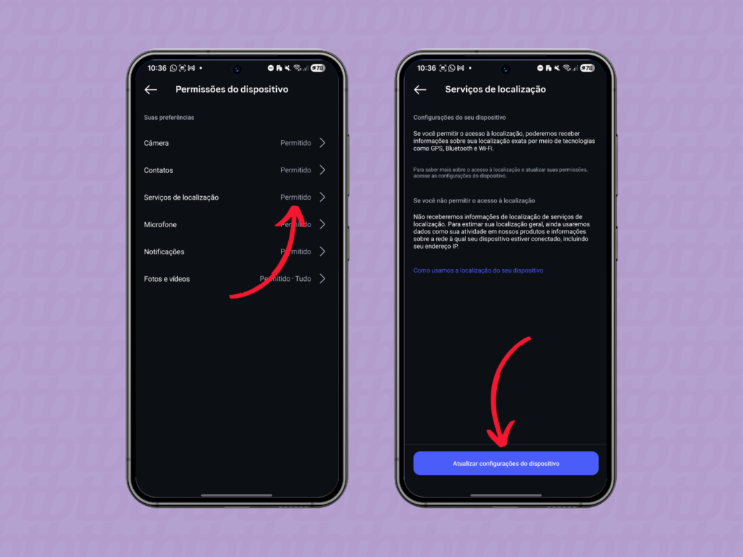 Telas mostrando como desativar as permissões de localização no Android: selecione Serviços de localização e atualize configurações
