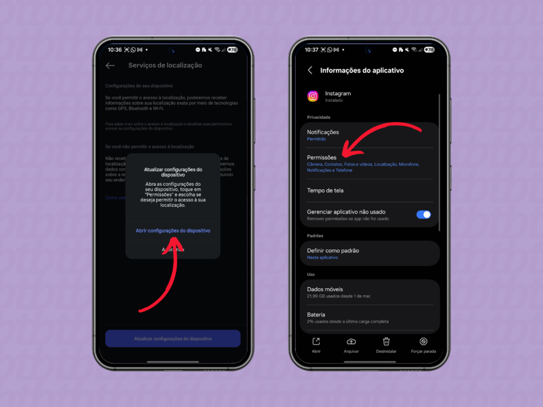 Passo para atualizar permissões do Instagram e gerenciar acesso à localização nas configurações do Android