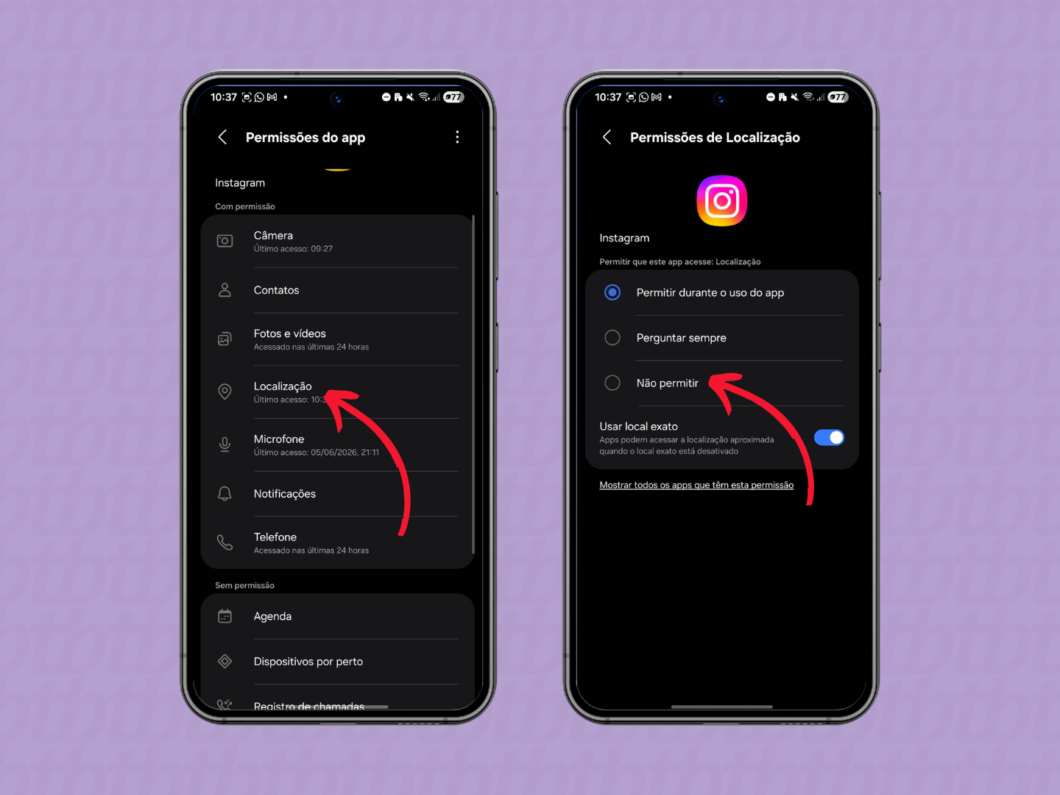 Tela de permissões do Instagram no Android e iPhone com a opção de Localização selecionada como “Não permitir”/desativada