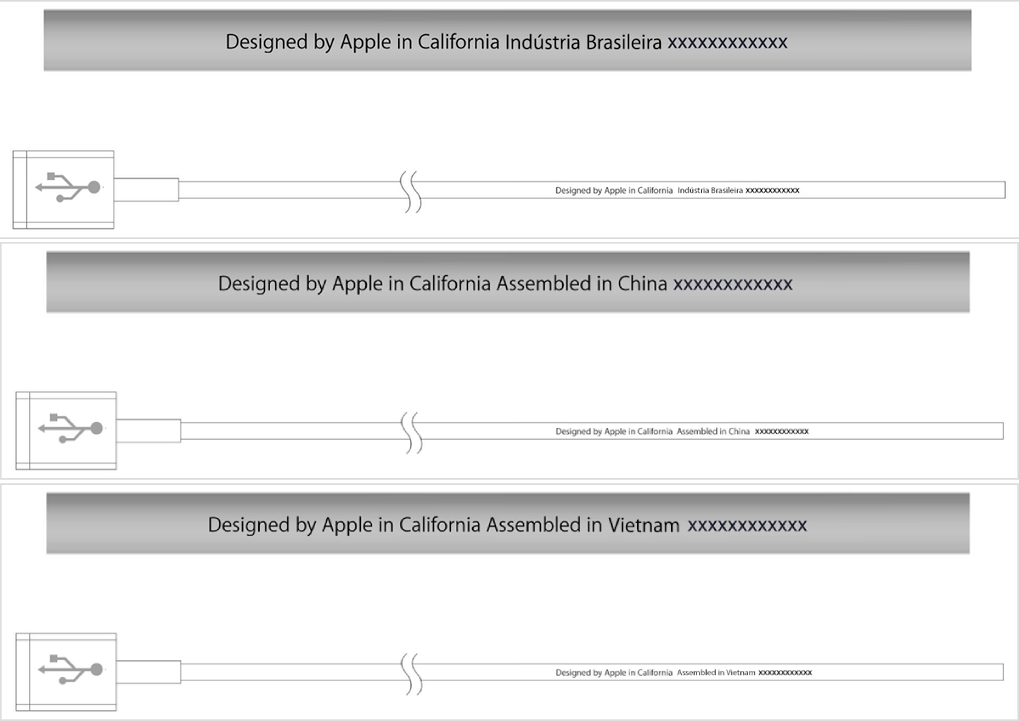 Diagrama com exemplos de gravações a laser em cabos originais: “Designed by Apple in California”, “Indústria Brasileira/Assembled in China/Vietnam” e número de série de 12 dígitos