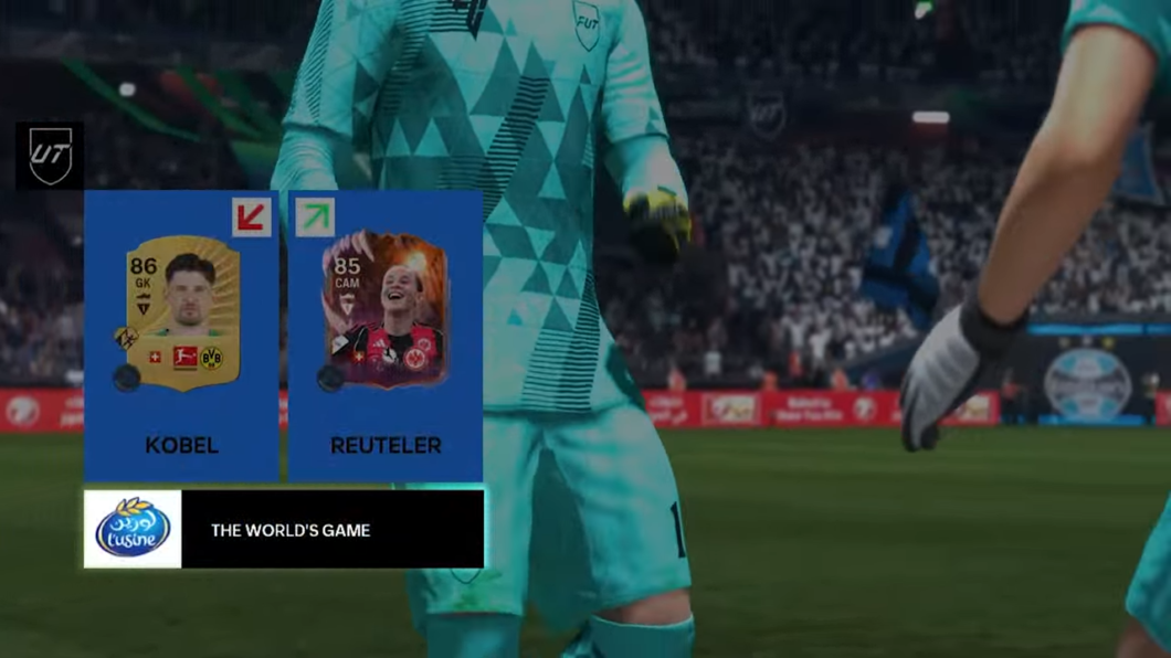 captura de tela do jogo EA Sports FC em que a substituição de um jogador apresenta uma marca