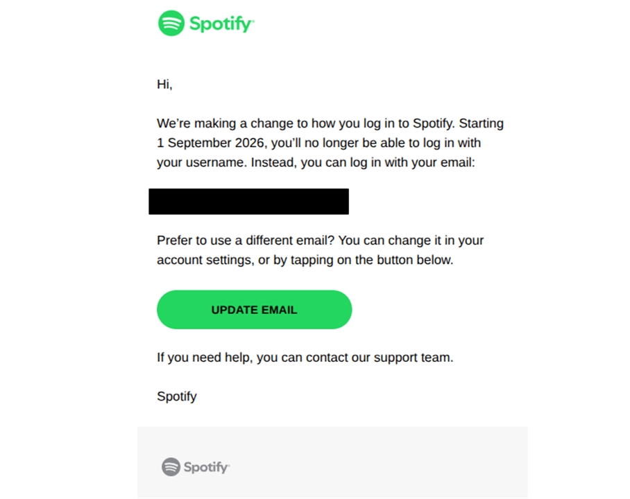 E-mail do Spotify avisando sobre a mudança no login