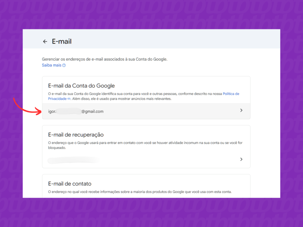 Entrando nas configurações de e-mail da Conta Google