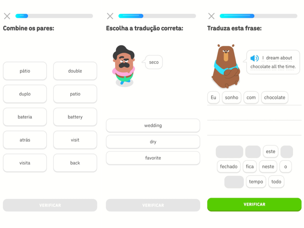 Exemplos de lições do Duolingo