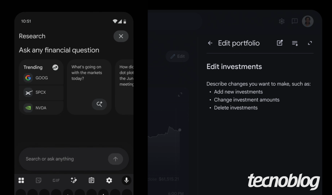 Tela do app do Google Finanças mostrando “Edit portfolio” e “Edit investments” com opções para adicionar, alterar e excluir investimentos