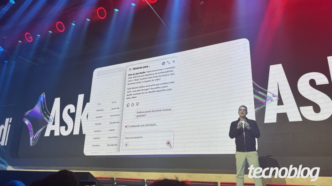 Executivo no palco. Atrás dele, o telão mostra a interface conversacional do Ask Studio.