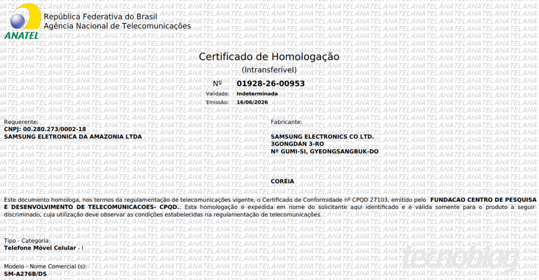Certificado de homologação da Anatel para o Galaxy A27 (SM-A276B/DS) com emissão em 16/06/2026