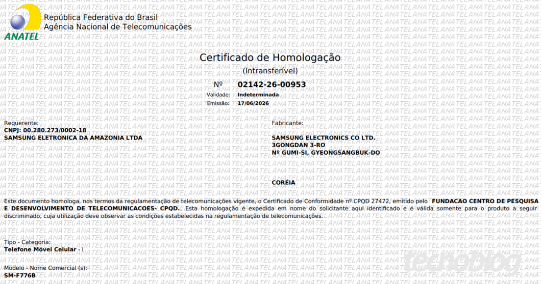 Certificado de homologação do Galaxy Z Flip 8