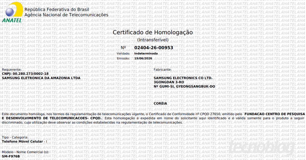 Certificado de homologação do Galaxy Z Fold 8