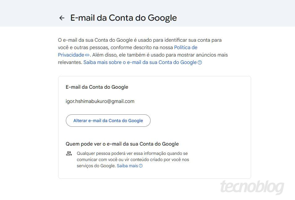 Mensagem enviada pelo Google aos usuários informando possibilidade de mudança do endereço de e-mail