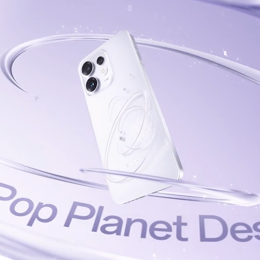 Oppo Reno 16 na cor Pop White, com planeta desenhado na traseira