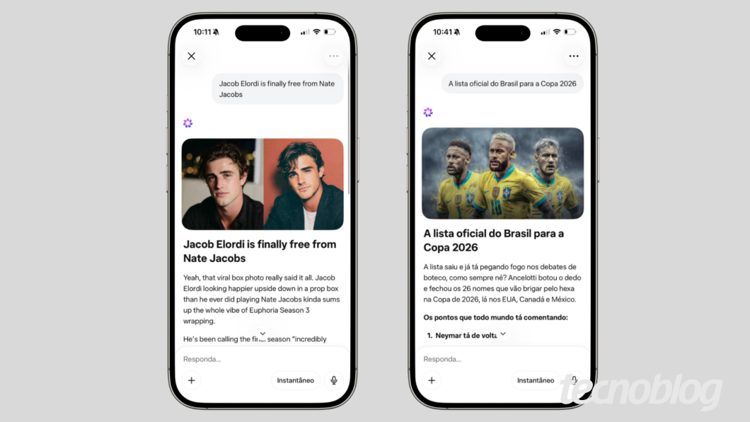 Capturas de tela do chatbot da Meta AI. À esquerda, o print mostra uma conversa sobre o ator Jacob Elordi, e à direita sobre a seleção brasileira