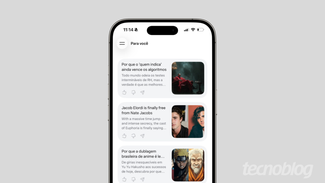 Tela do aplicativo Meta AI com cards “Para você” e títulos gerados por IA, como “Por que o ‘quem indica’ ainda vence os algoritmos”