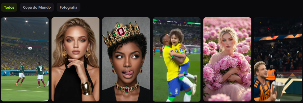 Galeria do AI Inspo mostra exemplos de imagens geradas por IA em diferentes categorias, como futebol, retratos, moda e fotografia.
