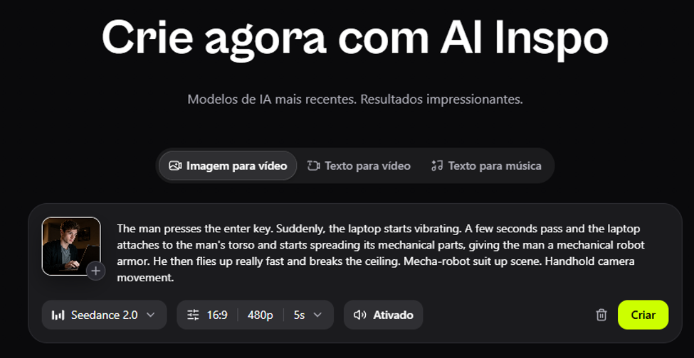 Interface do AI Inspo exibe ferramenta para criar vídeos com IA a partir de imagem ou texto, com campo de prompt e opções de modelo, formato e duração.