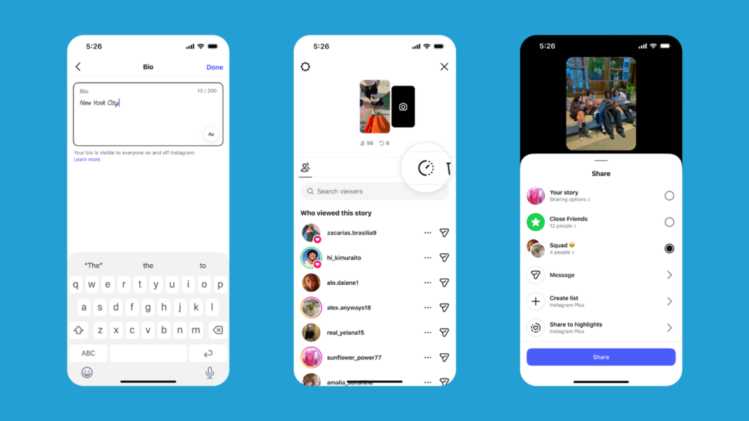 Imagem digital com fundo azul exibindo três telas de smartphones lado a lado. A primeira tela mostra a edição da biografia do perfil com um teclado virtual ativo na metade inferior e um campo de texto estilizado no topo. A segunda tela exibe a aba de visualizadores de um story, destacando um ícone redondo de relógio em zoom no lado direito, logo acima de uma lista de usuários com avatares e nomes. A terceira tela exibe o menu de compartilhamento de um story, apresentando opções de envio em formato de lista, incluindo "Your story", "Close Friends" e uma lista personalizada chamada "Squad", além de botões para criar novas listas.