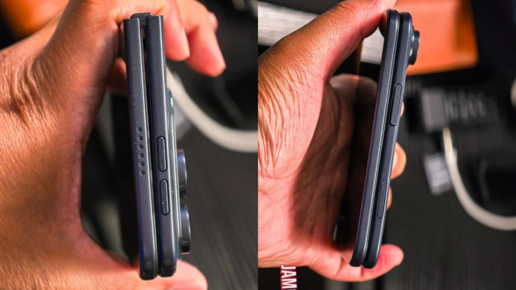 Imagem de vazamento mostra o que seria o iPhone dobrável ultrafino com botões reposicionados nas laterais e USB-C na base