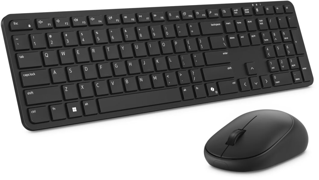 Teclado e mouse sem fio, usados para digitar e controlar o computador