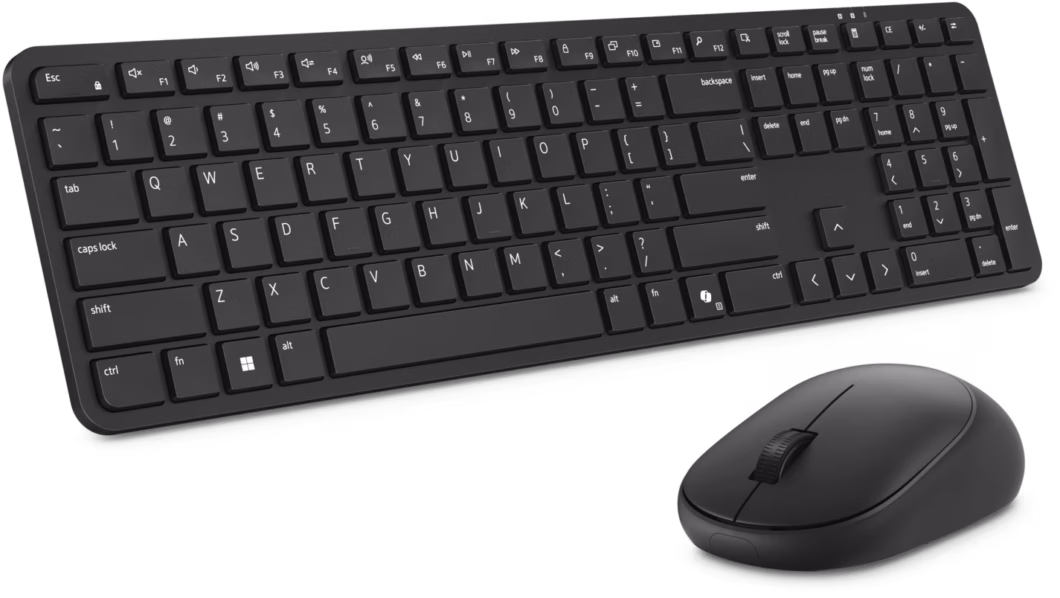 Conjunto Dell Pro 5 KM526 na cor preta, com teclado completo e mouse sem fio exibidos sobre fundo escuro.