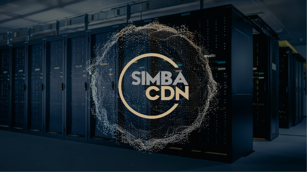 Logo da Simba CDN sobre imagem escurecida de um data center, com servidores ao fundo e efeito circular de partículas digitais.
