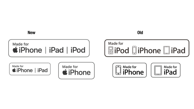Comparação de selos MFi “Made for iPhone/iPad/iPod” em diferentes modelos (novo e antigo)