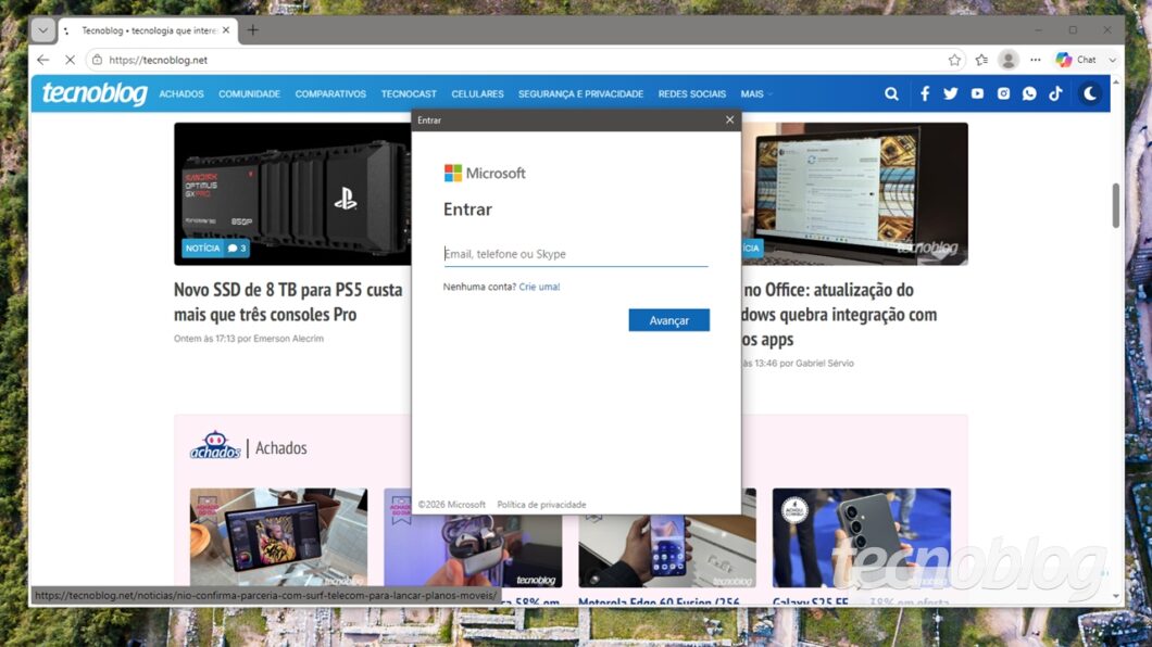 Atualmente, Edge só permite login com Conta Microsoft