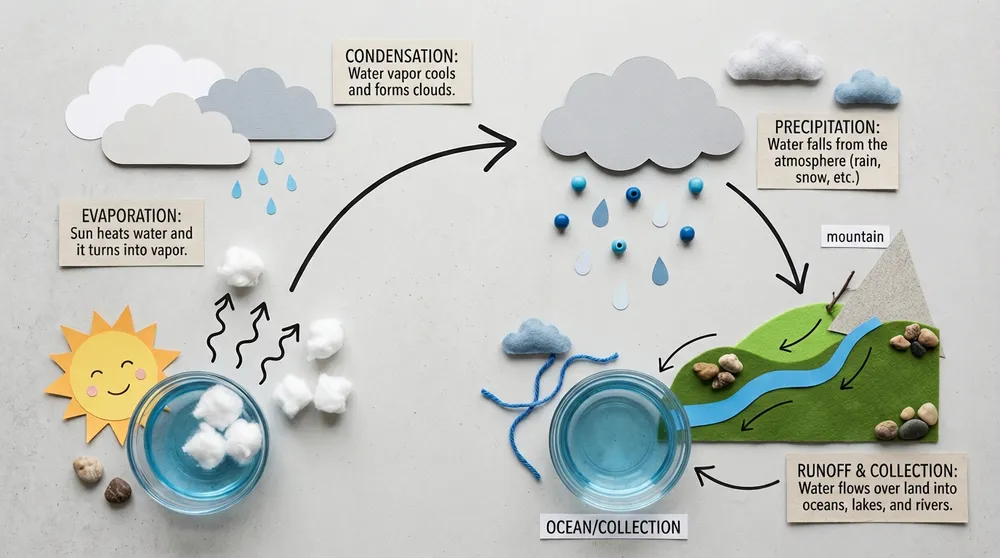 Infográfico mostrando o ciclo da água, com legendas em etapas como evaporação, condensação, precipitação e escoamento