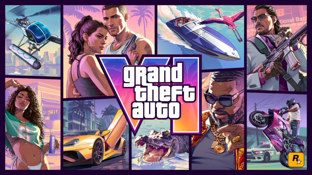 Arte de divulgação de GTA 6 com personagens e veículos do game e o logo “Grand Theft Auto VI” ao centro