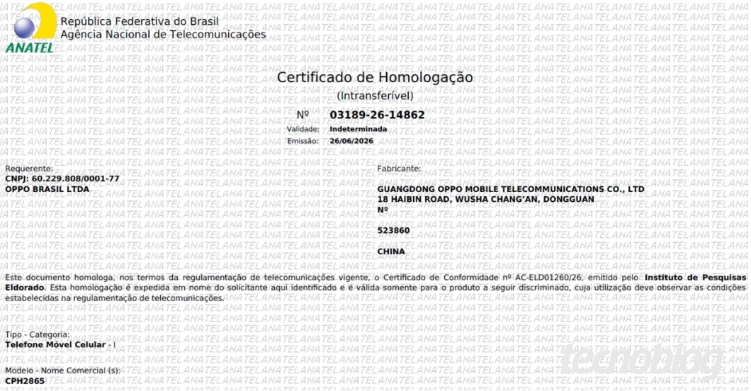 Certificado de homologação do Oppo Reno 16