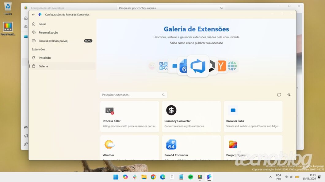 Galeria de Extensões da Paleta de Comandos