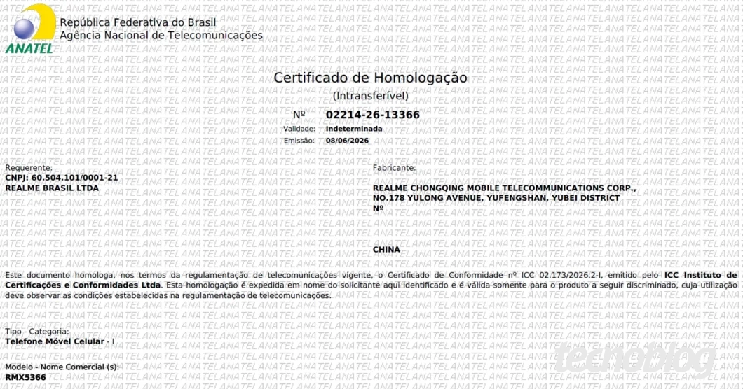 Certificado de homologação da Anatel do Realme C100x, com dados de identificação e validade