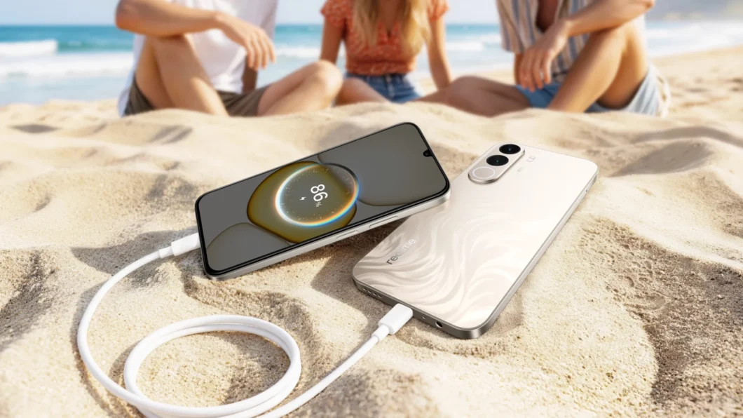 Realme C100x com carregamento reverso, exibido com dois smartphones na praia