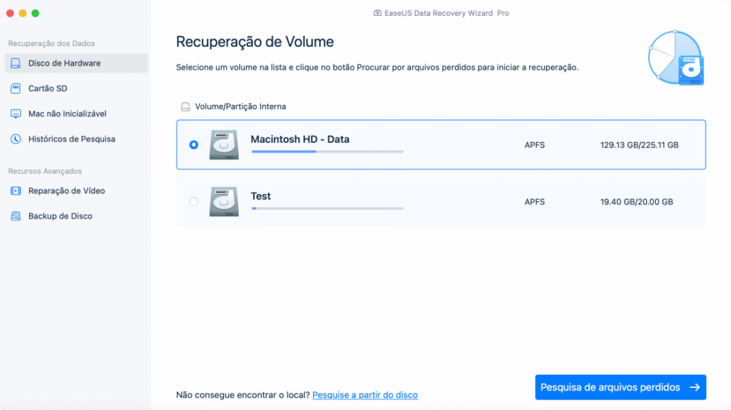 Selecionando a unidade de armazenamento a ter dados restaurados